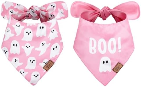 JarThenaAMCS 2Pcs Halloween Dog Bandana Pink Boo Ghost Print Fabric Pet Scarf by JarThenaAMCS