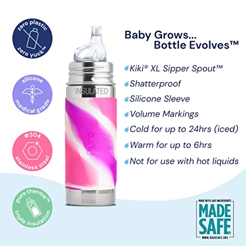 Pura Kiki 9oz/260ml Stainless Steel Insulated Sippy Bottle w/Sleeve, Plastic-Free, MadeSafe Certified, Medical-Grade Silicone Sipper Spout Fast Flow Rate for Kids, Toddlers, Babies & Infant – Aqua