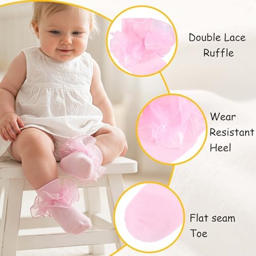 Baby Girls Ruffle Socks Double Layer Lace Turn Cuff Dress Socks - Image 5