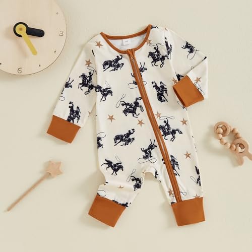 Western Baby Cowboy Clothes Neutral Zipped Fall Romper Outfit - Image 2