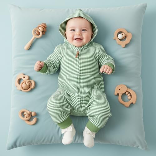 Newborn Infant Baby Boy Clothes Striped Waffle Knit Long Sleeve Zipper Hooded - Image 3