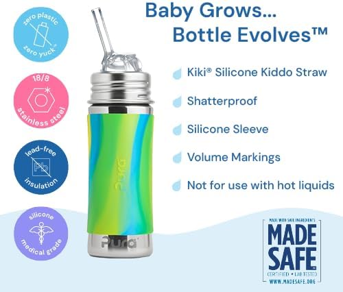 Pura Kiki 11oz/325ml Stainless Steel Straw Bottle w/Sleeve, 100% Plastic-Free, MadeSafe Certified, 100% Medical-Grade Silicone Straw for Kids, Toddlers, Preschoolers, Babies & Infant - New Moss