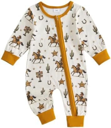 Western Baby Cowboy Clothes Neutral Zipped Fall Romper Outfit by SAYOO-Alljustforkids
