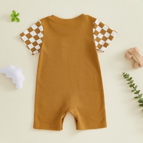 Newborn Baby Boy Girl Clothes Checkered Plaid Romper Waffle Knit Short Sleeve - Image 4