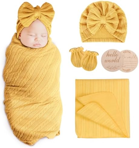 AQOKKA Newborn Receiving Blanket Wheat Ear Bow Hat Mitten Set | 4 Set Receiving by AQOKKA