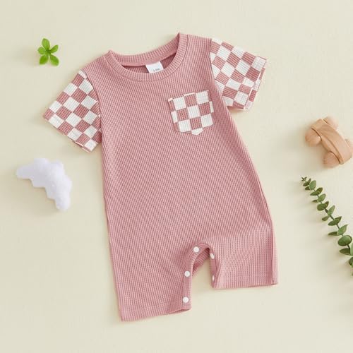 Newborn Baby Boy Girl Clothes Checkered Plaid Romper Waffle Knit Short Sleeve - Image 4