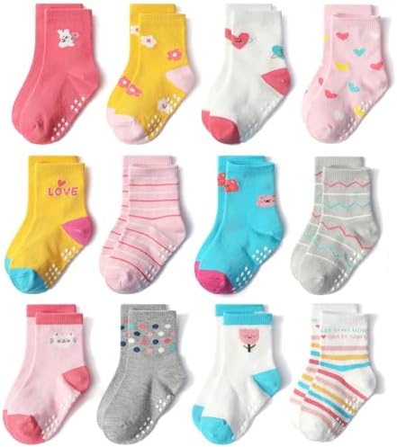 SkiBeaut Baby Toddlers Girls Socks, 12 Pairs Non Slip Kids Grips Toddler Grippy by SKIBEAUT