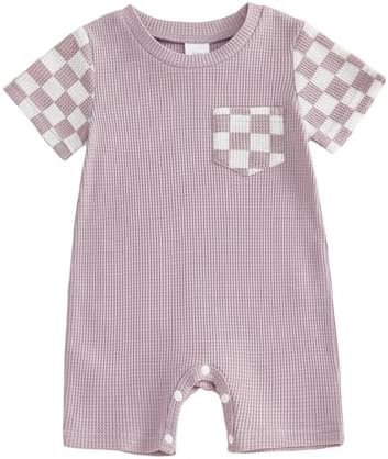 Newborn Baby Boy Girl Clothes Checkered Plaid Romper Waffle Knit Short Sleeve by Doqcey
