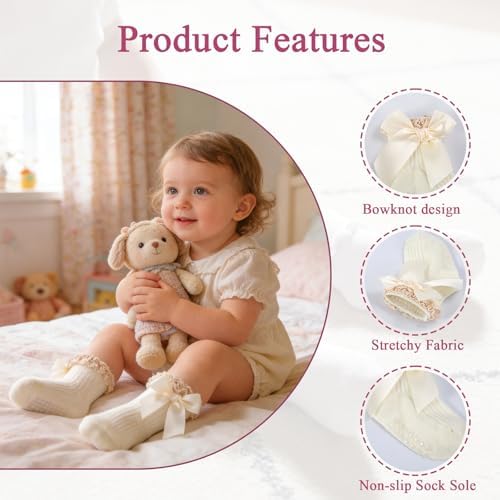Baby Girl Socks, Ruffle Grip Bows, Toddler Newborn Infant, 6 Pairs - Image 5