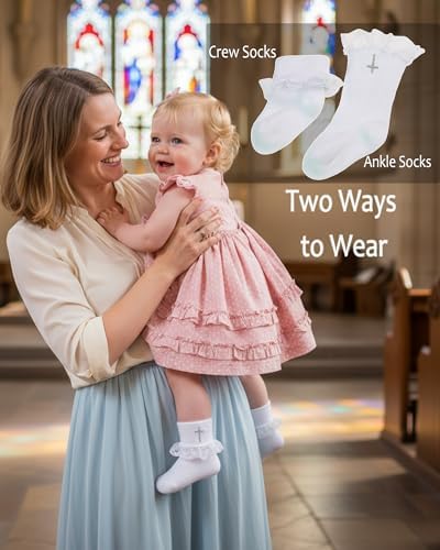 Baptism Socks for Baby Newborn White Turn Cuff Cross Socks, Toddler Ruffle Sock - Image 3