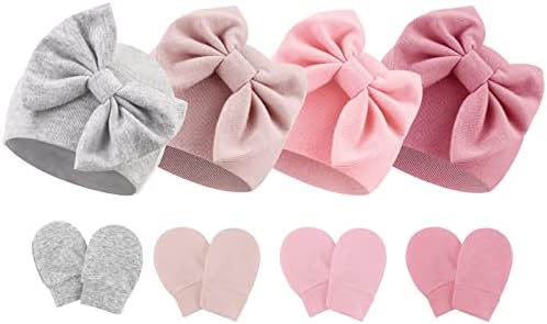 Newborn Baby Hats and Mittens Set Infant Bow Beanie Cap Toddler Gloves Newborn by AQOKKA