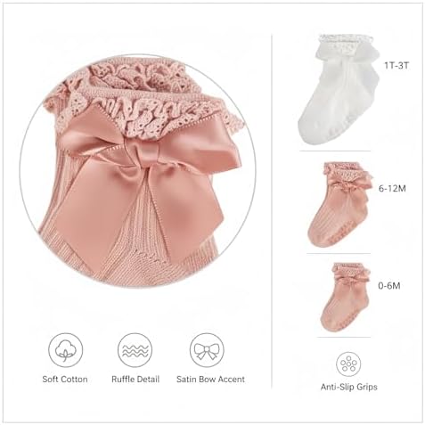 Baby Girl Socks, Ruffle Grip Bows, Toddler Newborn Infant, 6 Pairs - Image 5