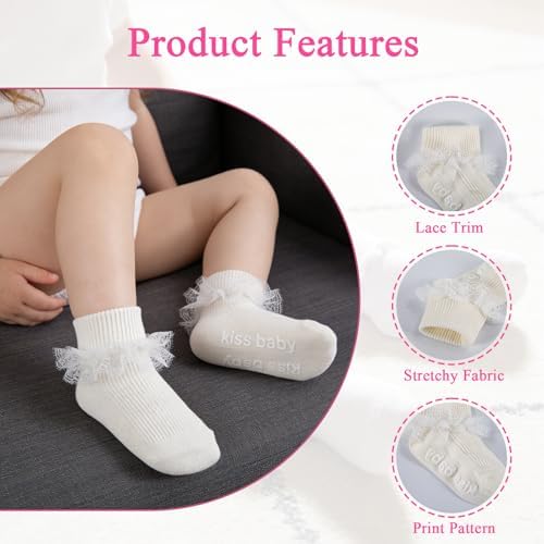 Baby Girl Ruffle Socks with Grips Lace Frilly Ankle Dress Socks - Image 4