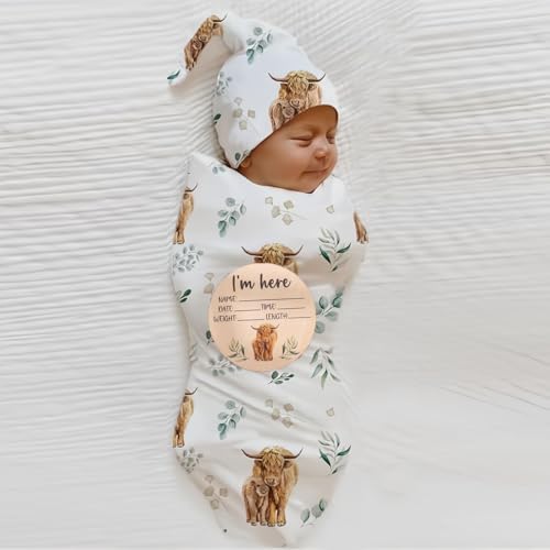 Ylsteed Baby Highland Cow Swaddle Blanket and Headband Set, Newborn Receiving by Ylsteed