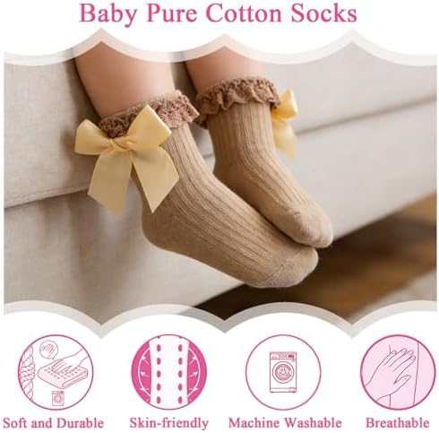 Baby Girl Socks, Ruffle Grip Bows, Toddler Newborn Infant, 6 Pairs - Image 3