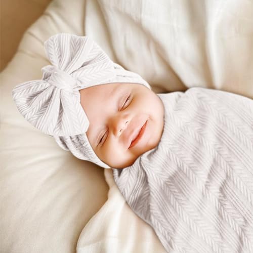 AQOKKA Newborn Receiving Blanket Wheat Ear Bow Hat Mitten Set | 4 Set Receiving - Image 3