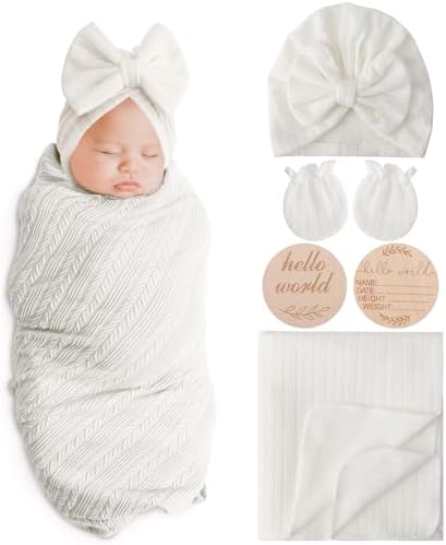 AQOKKA Newborn Receiving Blanket Wheat Ear Bow Hat Mitten Set | 4 Set Receiving by AQOKKA