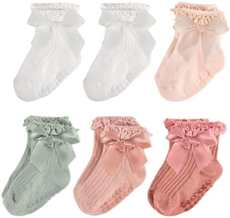 Baby Girl Socks, Ruffle Grip Bows, Toddler Newborn Infant, 6 Pairs by Unknown