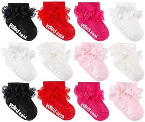 Baby Girl Ruffle Socks with Grips Lace Frilly Ankle Dress Socks by MKYSZLTSOCKS-EnjoyComfort