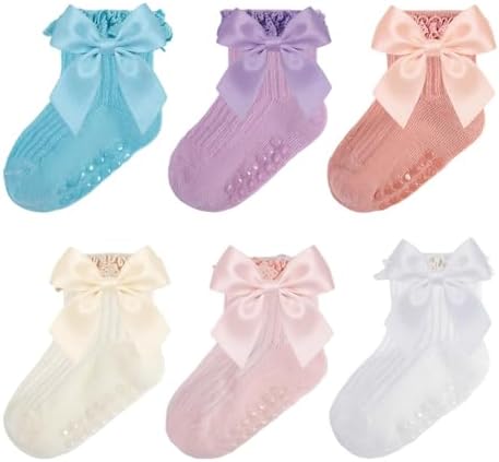 Baby Girl Socks, Ruffle Grip Bows, Toddler Newborn Infant, 6 Pairs by Unknown