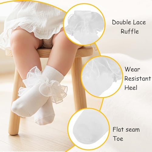 Baby Girls Ruffle Socks Double Layer Lace Turn Cuff Dress Socks - Image 4