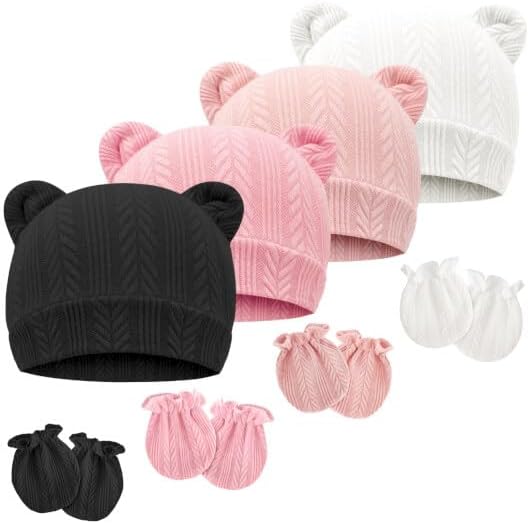 Newborn Baby Hat and Mittens Set Bear Ears Toddler Infant Beanie Caps Newborn by AQOKKA