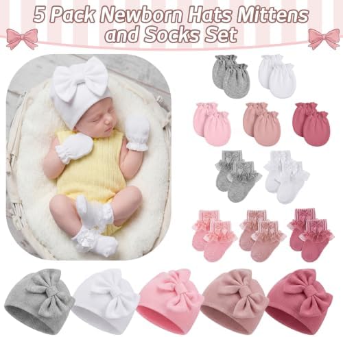 Ramede 5 Pack Preemie Newborn Hats Mittens Socks - Image 4