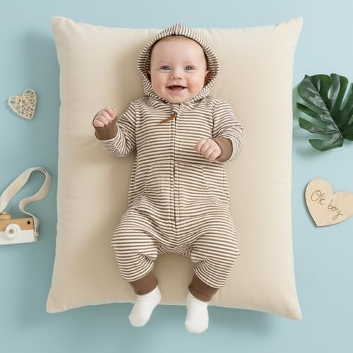 Newborn Infant Baby Boy Clothes Striped Waffle Knit Long Sleeve Zipper Hooded - Image 4