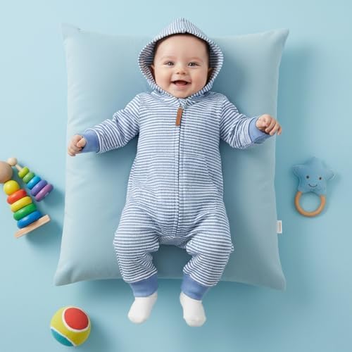 Newborn Infant Baby Boy Clothes Striped Waffle Knit Long Sleeve Zipper Hooded - Image 4