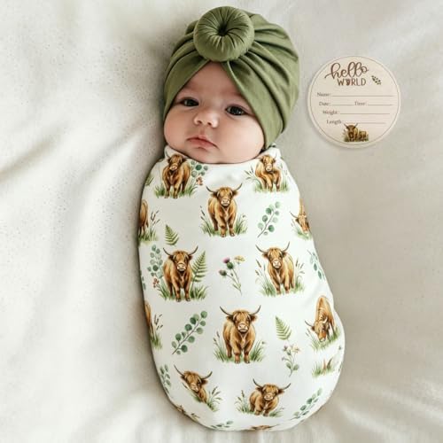 Ylsteed Baby Highland Cow Swaddle Blanket and Headband Set, Newborn Receiving - Image 6