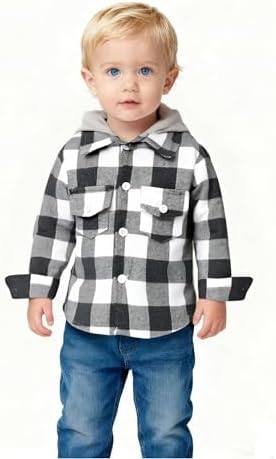 YOUNGER STAR Toddler Kids Boys Girls Flannel Hooded Plaid Shirt Button Baby Red - Image 2