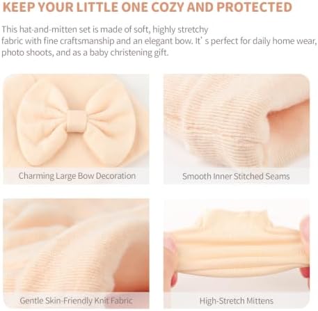 BQUBO Newborn Girls Hats Baby Hat and Mittens Set Infant Caps Bow Hospital - Image 5