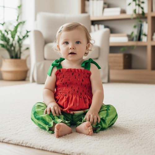 Baby Girl Watermelon Outfit Sleeveless Bubble Romper Strawberry Print Smocked - Image 2