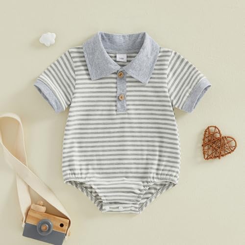VISGOGO Baby Boy Striped Romper Waffle Short Sleeve Button Oversized Bodysuit - Image 4