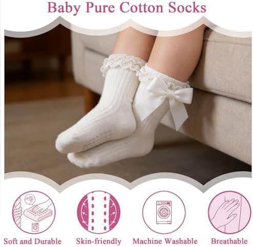 Baby Girl Socks, Ruffle Grip Bows, Toddler Newborn Infant, 6 Pairs - Image 4