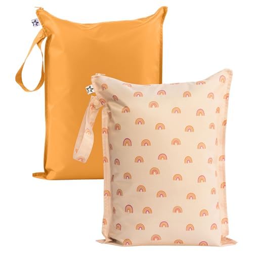 Tiny Twinkle Wet Dry Bag – 2 Pack Reusable Waterproof & Mess Proof Wet Bags for Swimsuits & Travel, Baby Towels & Beach Essentials,a Diaper Bag Must-Have(Boho Rainbow)