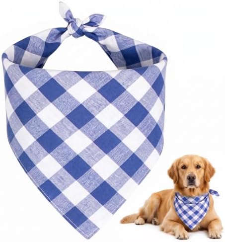 Blue Gingham Dog Bandana, Cotton Linen Adjustable Triangle Dog Scarf Plaid Pet by Unknown