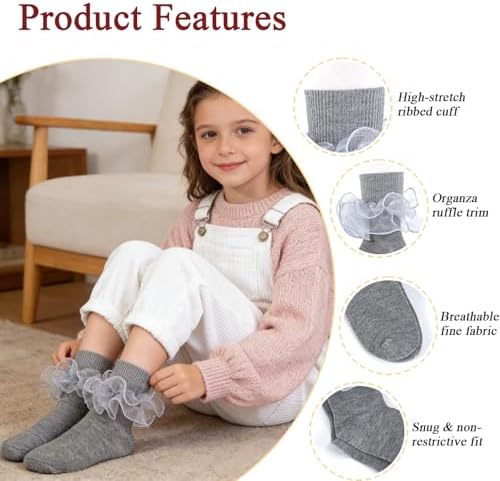 Girls Ruffle Socks Double Lace Turn Cuff Frilly Church Dress Socks - Image 4