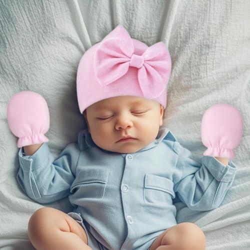 Newborn Baby Hats Mittens Sets Bow Infant Caps Gloves No Scratch Mitten Beanie - Image 4