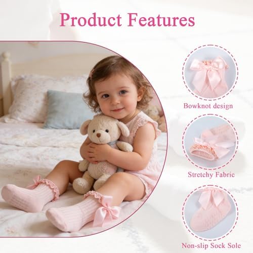 Baby Girl Socks, Ruffle Grip Bows, Toddler Newborn Infant, 6 Pairs - Image 5