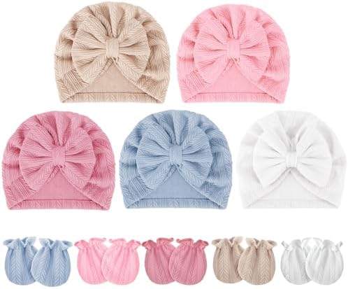 BQUBO Baby Turban Hats and Mittens Set Newborn Infant Hospital Hats Caps by DRESHOW