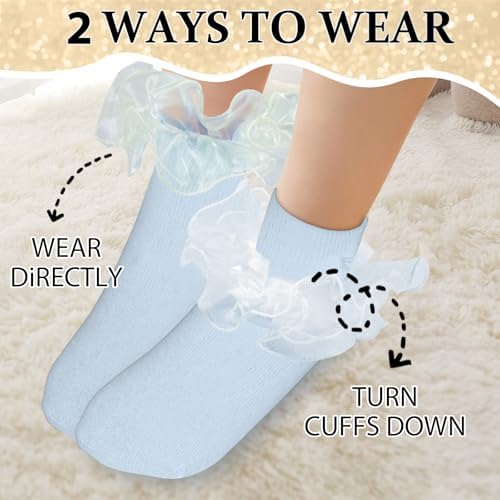 Girls Ruffle Socks Double Lace Turn Cuff Frilly Church Dress Socks - Image 6