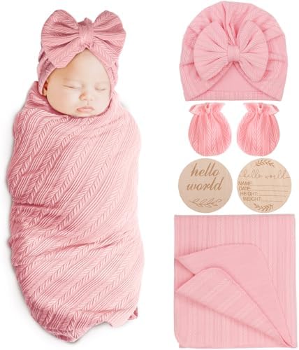 AQOKKA Newborn Receiving Blanket Wheat Ear Bow Hat Mitten Set | 4 Set Receiving by AQOKKA