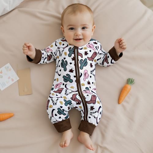 Western Baby Cowboy Clothes Neutral Zipped Fall Romper Outfit - Image 3