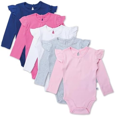 HonestBaby Baby Girls' 5-pack Long Sleeve Ruffle Shoulder Bodysuits 100% by HonestBaby