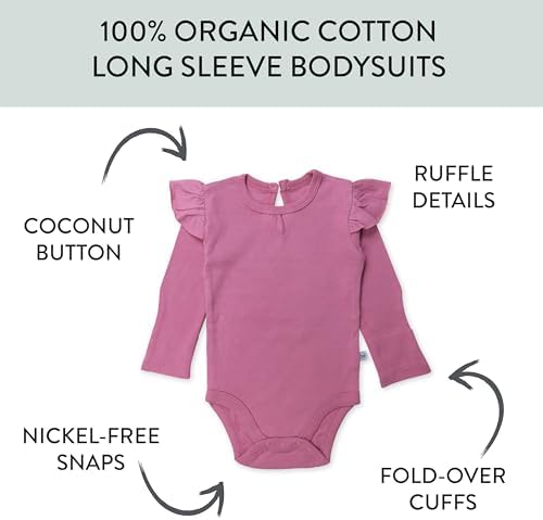 HonestBaby Baby Girls' 5-pack Long Sleeve Ruffle Shoulder Bodysuits 100% - Image 3