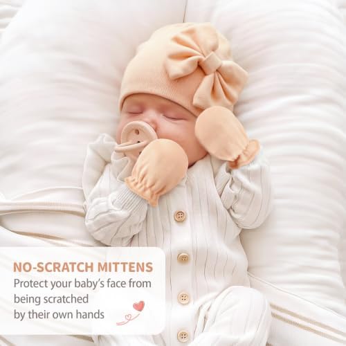 BQUBO Newborn Girls Hats Baby Hat and Mittens Set Infant Caps Bow Hospital - Image 3