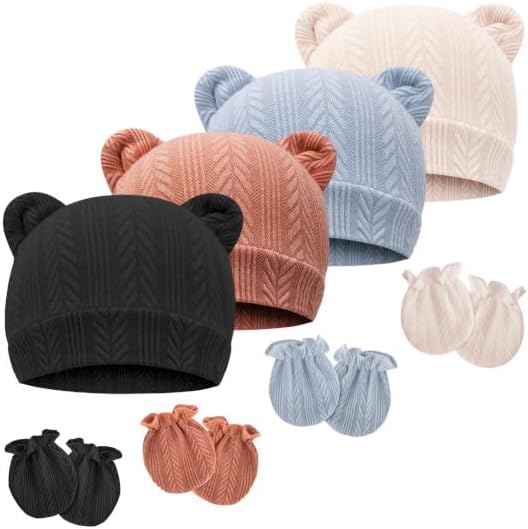 Newborn Baby Hat and Mittens Set Bear Ears Toddler Infant Beanie Caps Newborn by AQOKKA