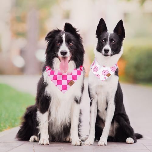 JarThenaAMCS 2Pcs Pink Smile Face Dog Bandana Hot Pink Happy Face Checkered - Image 5