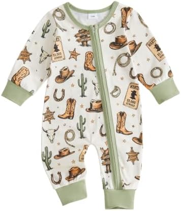 Western Baby Cowboy Clothes Neutral Zipped Fall Romper Outfit by SAYOO-Alljustforkids